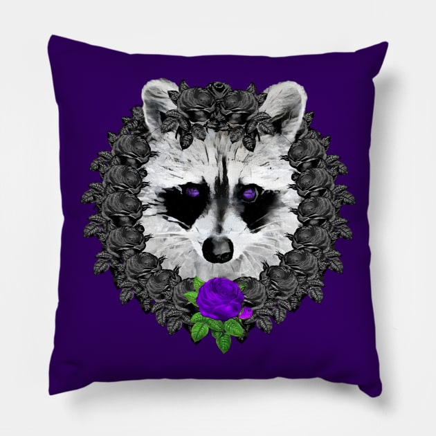 Raccoon Purple Rose Wreath Pillow by Nuletto