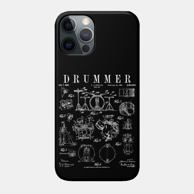 Drum Set Kit Vintage Patent Drummer Drawing Print WHITE - Drummer - Phone Case