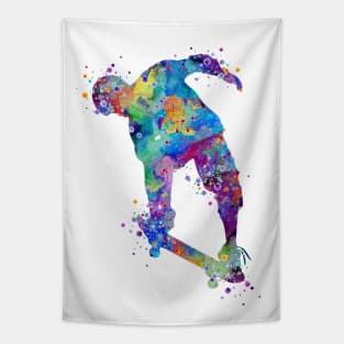 Boy Skateboard Nose Grab Trick Watercolor Silhouette Tapestry