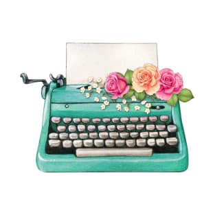 AQUA TEAL TURQUOISE VINTAGE TYPEWRITER WITH VIBRANT FLOWERS T-Shirt