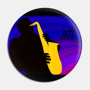 Silhouette of a Jazz Saxophone Player, Purple Blue Background Pin