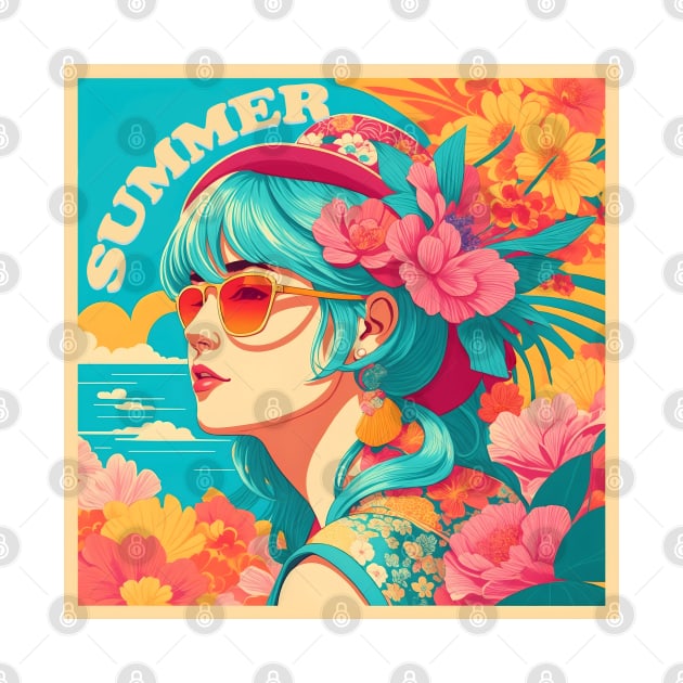 vintage pop-art Summer girl on flower beach by JulenDesign