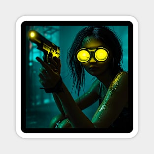 Futuristic portrait of a woman with yellow glasses and a gun Magnet