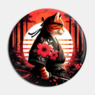 Floral Ginger Cat Samurai Warrior In Forest Pin