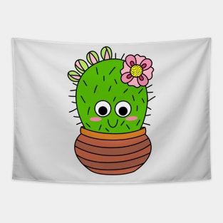 Cute Cactus Design #226: Chunky Cactus With Pink Flower And Buds Tapestry
