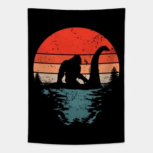 Bigfoot Riding Loch Ness - Retro Tapestry