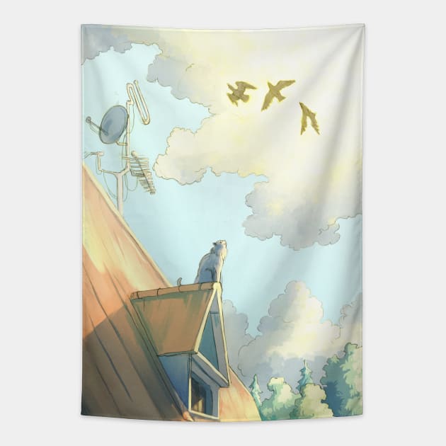 a cat on the roof Tapestry by Karolina Studena-art