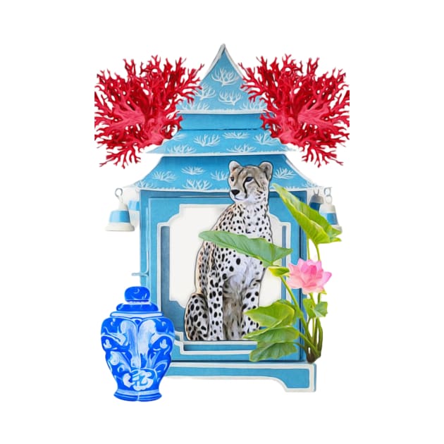 Pagoda, corals, chinoiserie leopard and ginger jar by SophieClimaArt