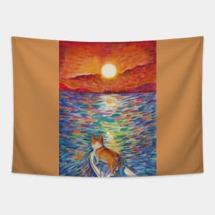 Sunset surfer corgi Tapestry