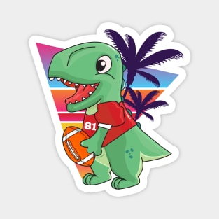 Cute green dinosaur playing American football, retro and palms background Magnet