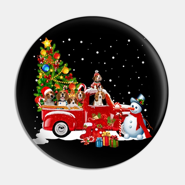 Beagle Dog Christmas On Red Car Truck with Xmas T-Shirt Pin by kimmygoderteart