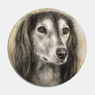 Painting of a Long Hair Brown and White Saluki Dog on Yellow Brown Background Pin