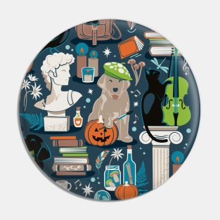 Labracadabrador halloween magic puppies // spot // nile blue background teal limerick green and mint details black and yellow Labrador Retriever dogs Pin