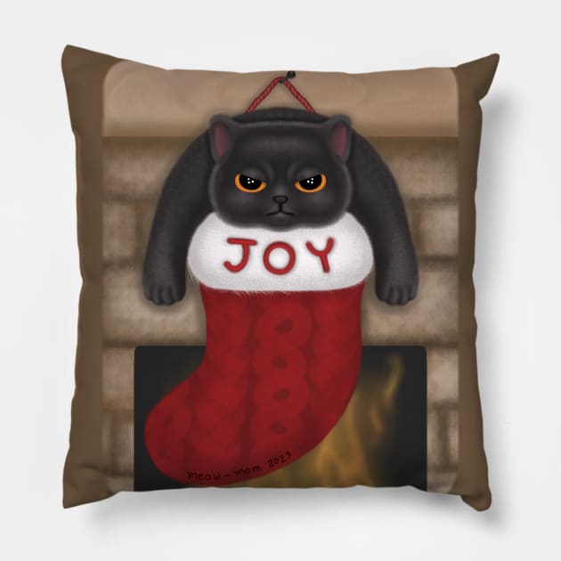 Grumpy Black Cat in Joy Christmas Stocking Pillow by meow-mom