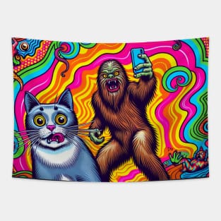 Surprised Scared Cat Selfie Sasquatsch Bigfood Psychodelic Tapestry