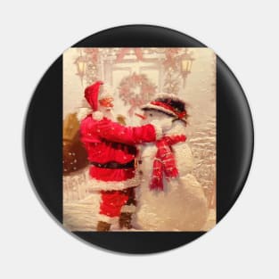 Christmas Design, Santa & Snowman Snowy Traditional Vintage Scene Pin