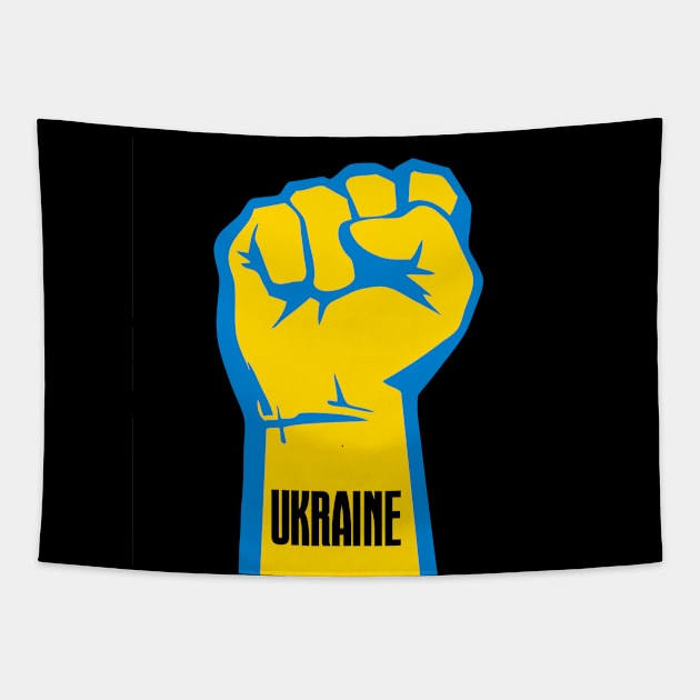 Peace for Ukraine! I Stand With Ukraine. Powerful Freedom, Fist in Ukraine's National Colors of Blue and Gold (Yellow) on a Dark Background Tapestry by Puff Sumo