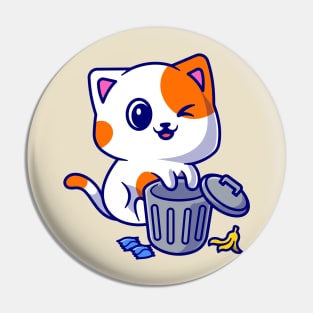 Cute Cat Playing On Rubbish Bin Cartoon Pin