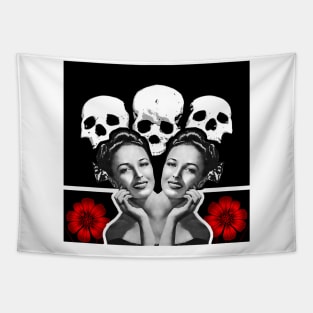 Beautiful woman face with skull and red flower Tapestry