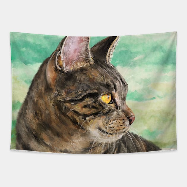 Painting of a Gray Cat with Stripes Looking to the Right, Green Yellow Background Tapestry by ibadishi