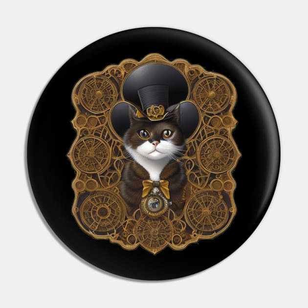 Steampunk Cat in a Top Hat with Gear-filled Background Pin by ImaginativeInkPOD