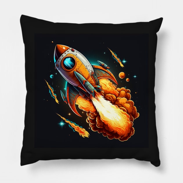 Space Rocket cartoon style Pillow by Buff Geeks Art