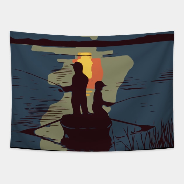 Father Son Fishing Sunset Tapestry by F&L Design Co.