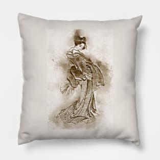 Geisha Girl / Vintage Watercolor Hokusai japanese Sepia art style from Edo period Pillow