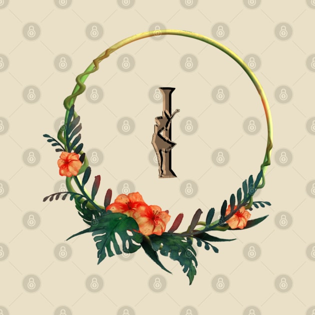 Tropical flowers on a circle frame around letter I and girl figure by junochaos