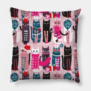 Feline Christmas vibes // pattern // pink background green fuchsia pink white and black kittens Pillow