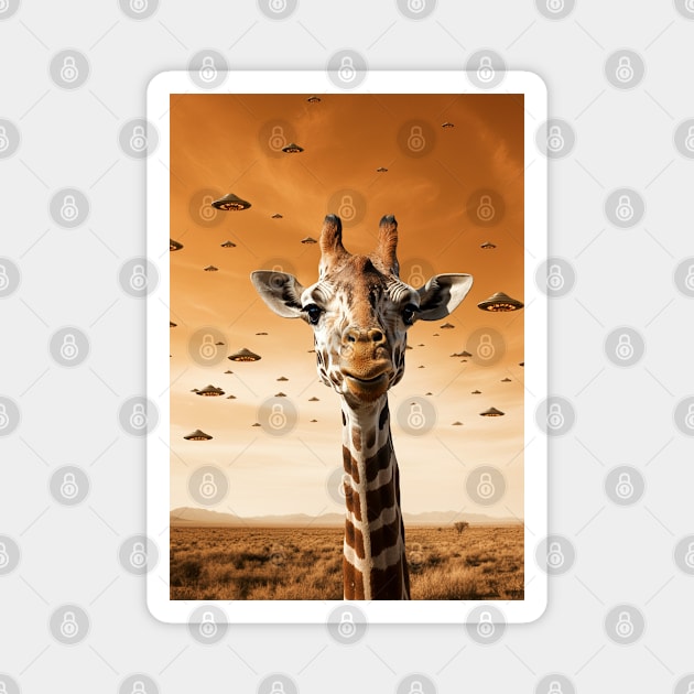 Selfie of Funny Giraffe And Aliens UFO Magnet by Megadorim