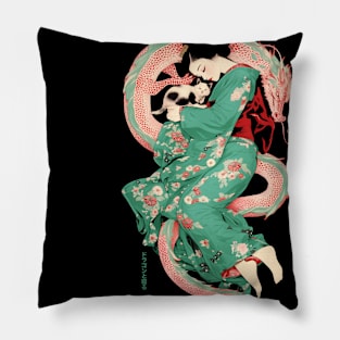 Japanese Girl With Dragon and Cats 2 T-Shirt 04 Pillow