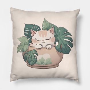 Cute Sleeping Kawaii Cat in Plant Pot Pillow