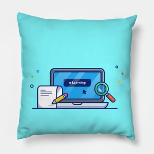 Laptop, Magnifying Glass, Paper And Pencil Cartoon Pillow