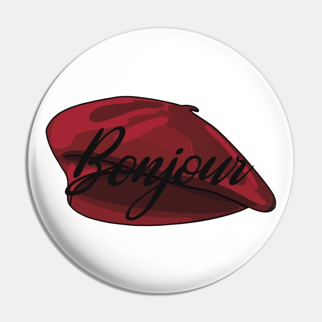 Red French Beret with the word 'bonjour' in it Pin by Fruit Tee