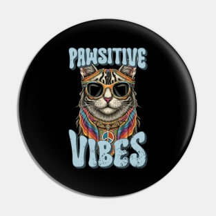 Pawsitive Vibes, Retro Groovy Style Hippie Cat Lover Design Pin