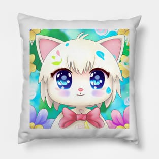Anime Kawai White Kitten With a Bow Pillow
