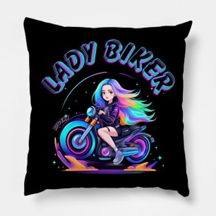 Lady biker with neon colorful Pillow