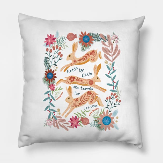 Leaping hare folk art motivational quote Pillow by Papergrape