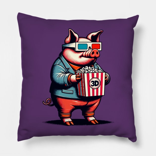 Cool pig eating popcorn Pillow by Art_Boys