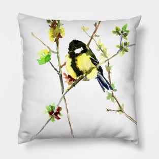 Great Tit Watercolor Bird Pillow