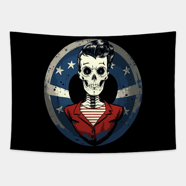 Fun Patriotic Rockabilly Skeleton Tapestry by CGI Studios