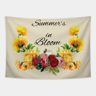 Summer's in Bloom, Red, Pink Roses with Yellow Flowers Tapestry