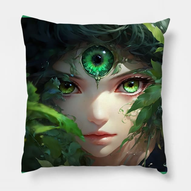 Closeup of fantasy green eyes girl Pillow by Spaceboyishere