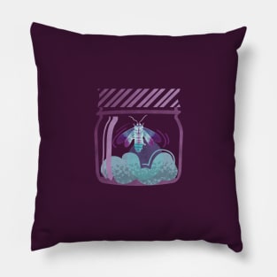 Glowing in the moss // spot illustration // purple background jar with lightning firefly bug quirky whimsical and bioluminescence lampyridae beetle Pillow