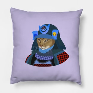 Cat samurai in blue helmet Pillow