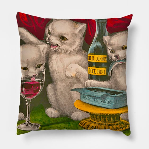 Kittens drinking and eating sardine fish Pillow by Marccelus