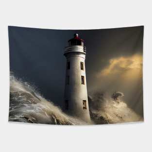 Lone lighthouse against the strong waves Tapestry