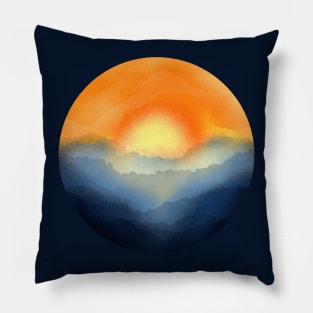 Vibrant Sun Rising Over The Mountains Abstract Digital WaterColor Art Pillow