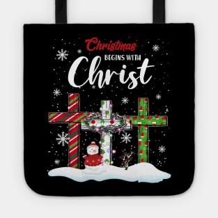 Christmas Begins With Christ Snowman Christian Cross Xmas Tote